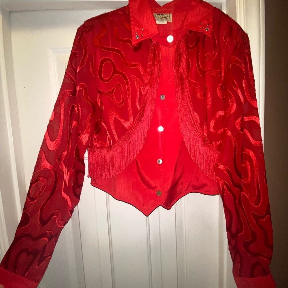 Small adult red country western long sleeve top with fringe
